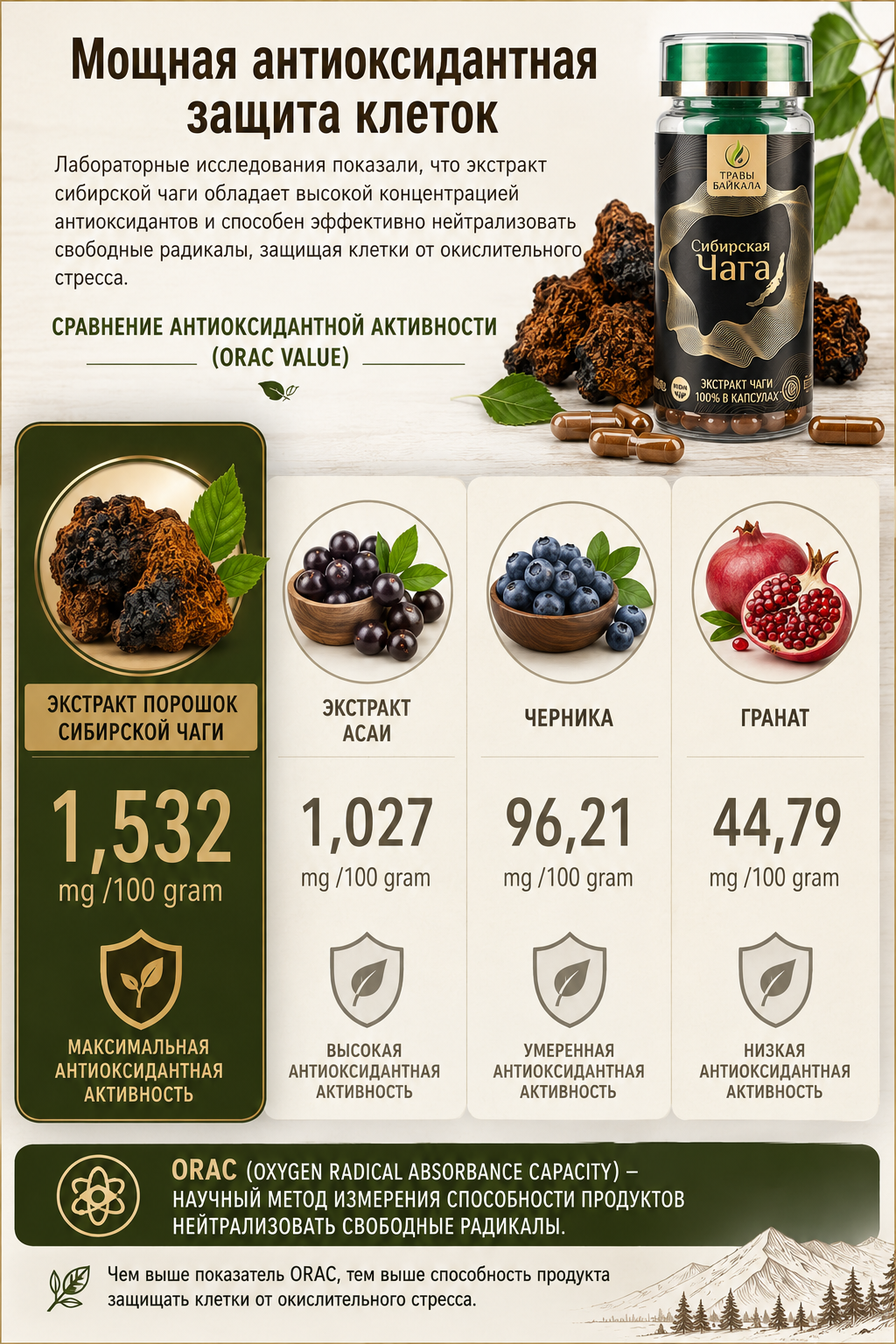 Экстракт чаги «Сибирская чага» в капсулах, 42 кап * 0,4 г., банка акрил